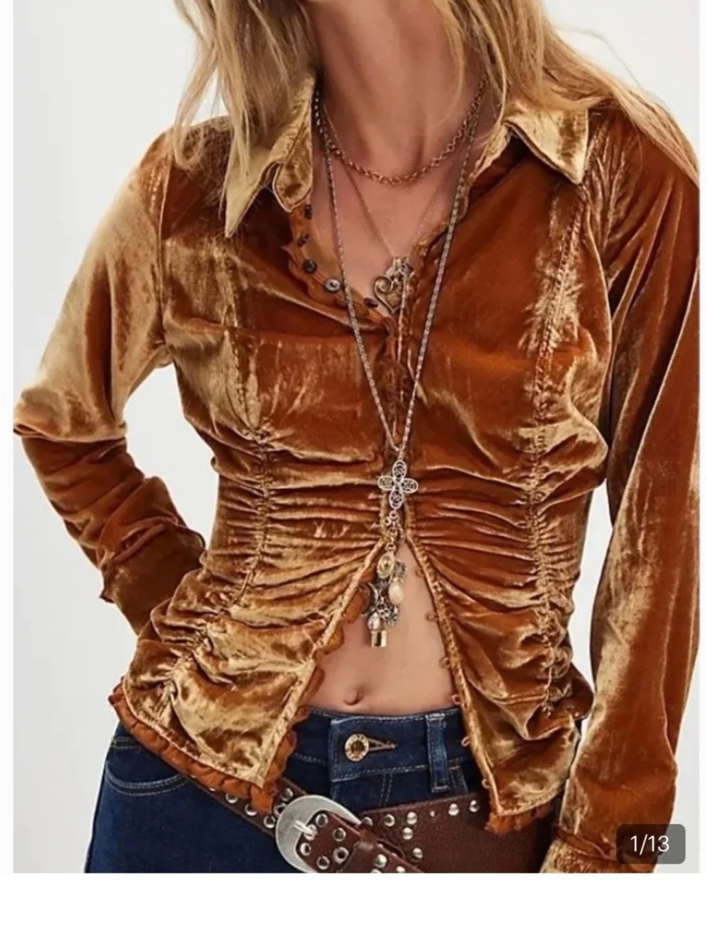 Free People So Julia Velvet Ruched Button-Down Shirt - Rusty Gold